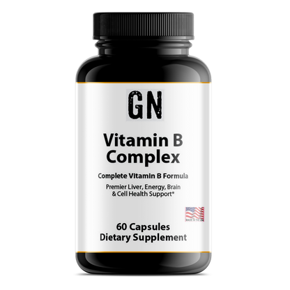 Supplement bottle labeled 'GN Vitamin B Complex' on a white background