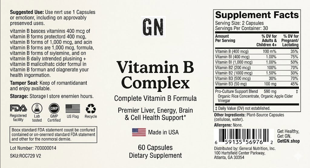 Vitamin B Complex supplement label with text and logos