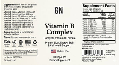 Vitamin B Complex supplement label with text and logos