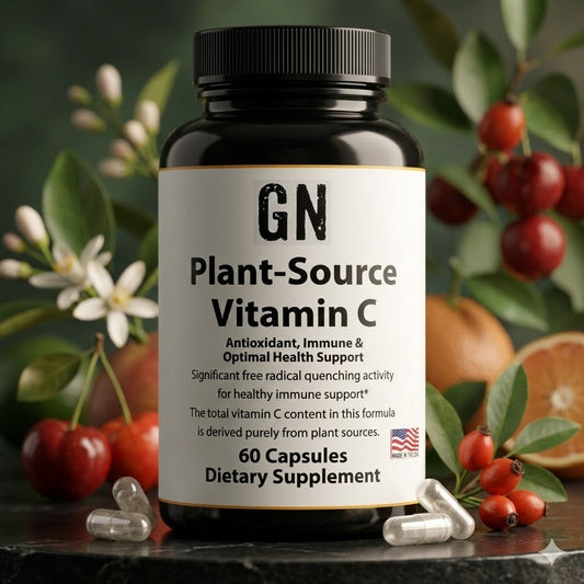 Bottle of GN Plant-Source Vitamin C supplement with natural elements in the background