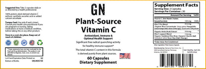 Supplement label for Plant-Source Vitamin C with supplement facts and branding details.