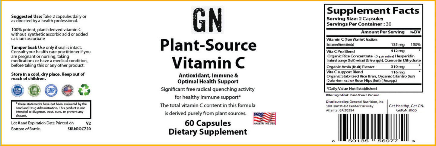 Supplement label for Plant-Source Vitamin C with supplement facts and branding details.