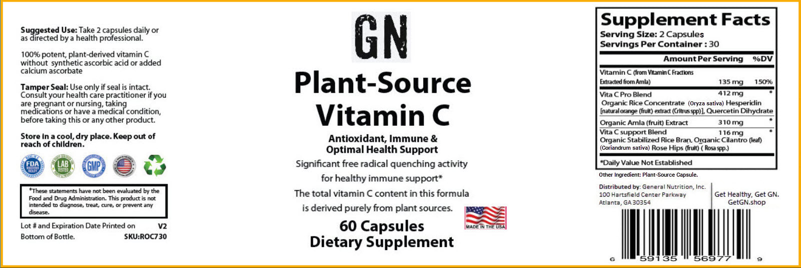Supplement label for Plant-Source Vitamin C with supplement facts and branding details.