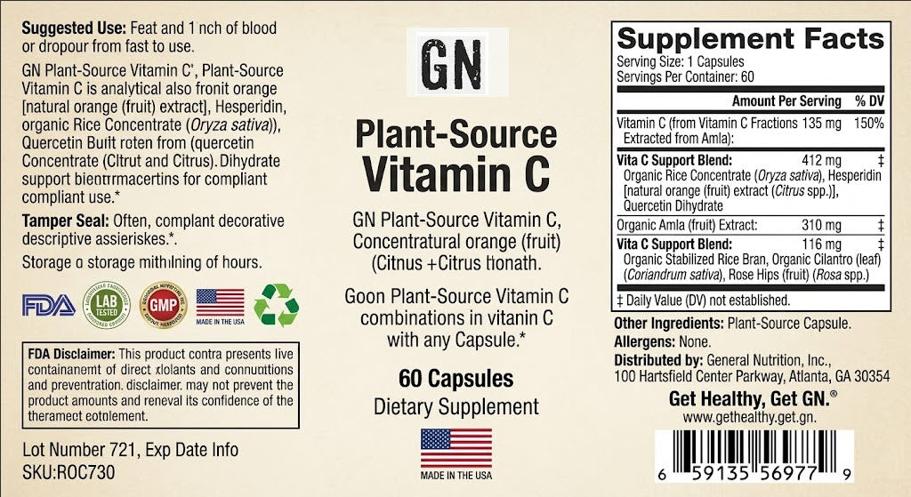 Supplement label for Plant-Source Vitamin C capsules with supplement facts and branding details.
