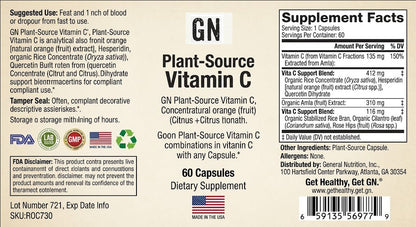 Supplement label for Plant-Source Vitamin C capsules with supplement facts and branding details.