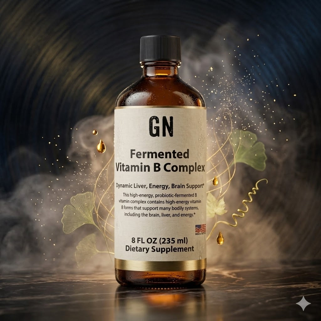 Bottle of GN Fermented Vitamin B Complex dietary supplement with a dark, smoky background