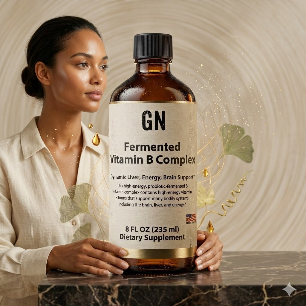 Woman holding a bottle of GN Fermented Vitamin B Complex with a decorative background