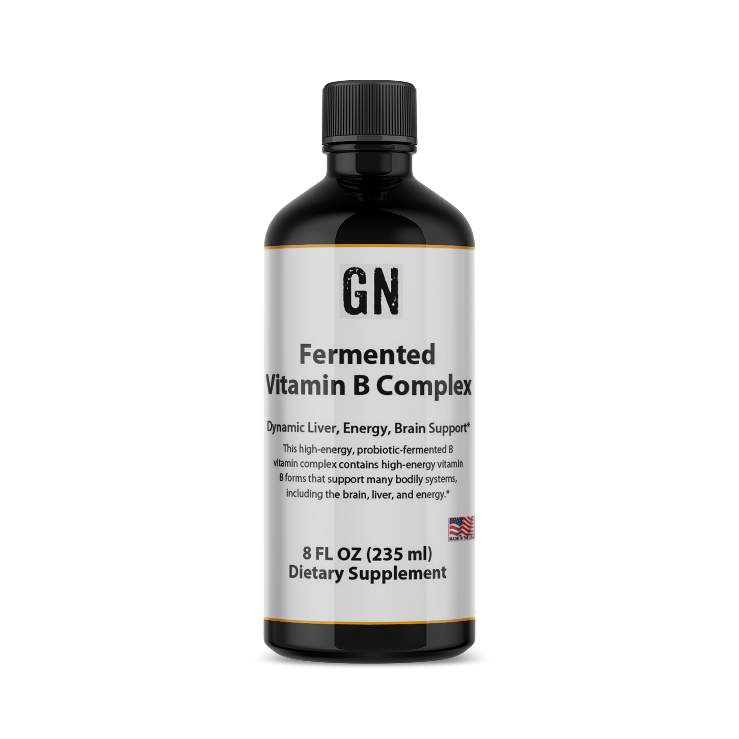Vitamin B complex supplement bottle with label on a white background