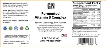Supplement label for GN Fermented Vitamin B Complex dietary supplement
