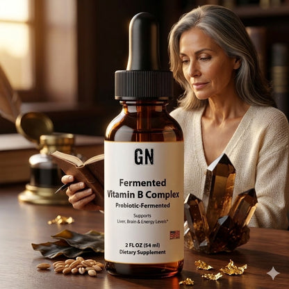 Woman holding a book next to a bottle of GN Fermented Vitamin B Complex on a wooden table.