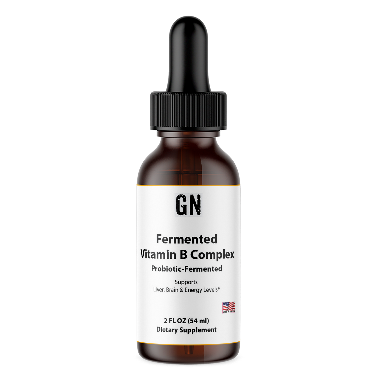 Vitamin supplement bottle with dropper labeled 'Fermented Vitamin B Complex' on a white background