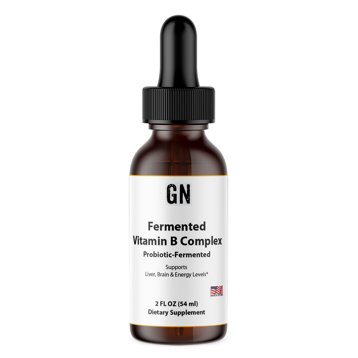 Vitamin supplement bottle with dropper labeled 'Fermented Vitamin B Complex' on a white background