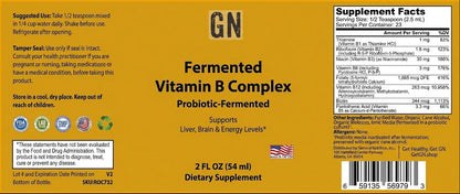 Supplement label for Fermented Vitamin B Complex with supplement facts on a yellow background