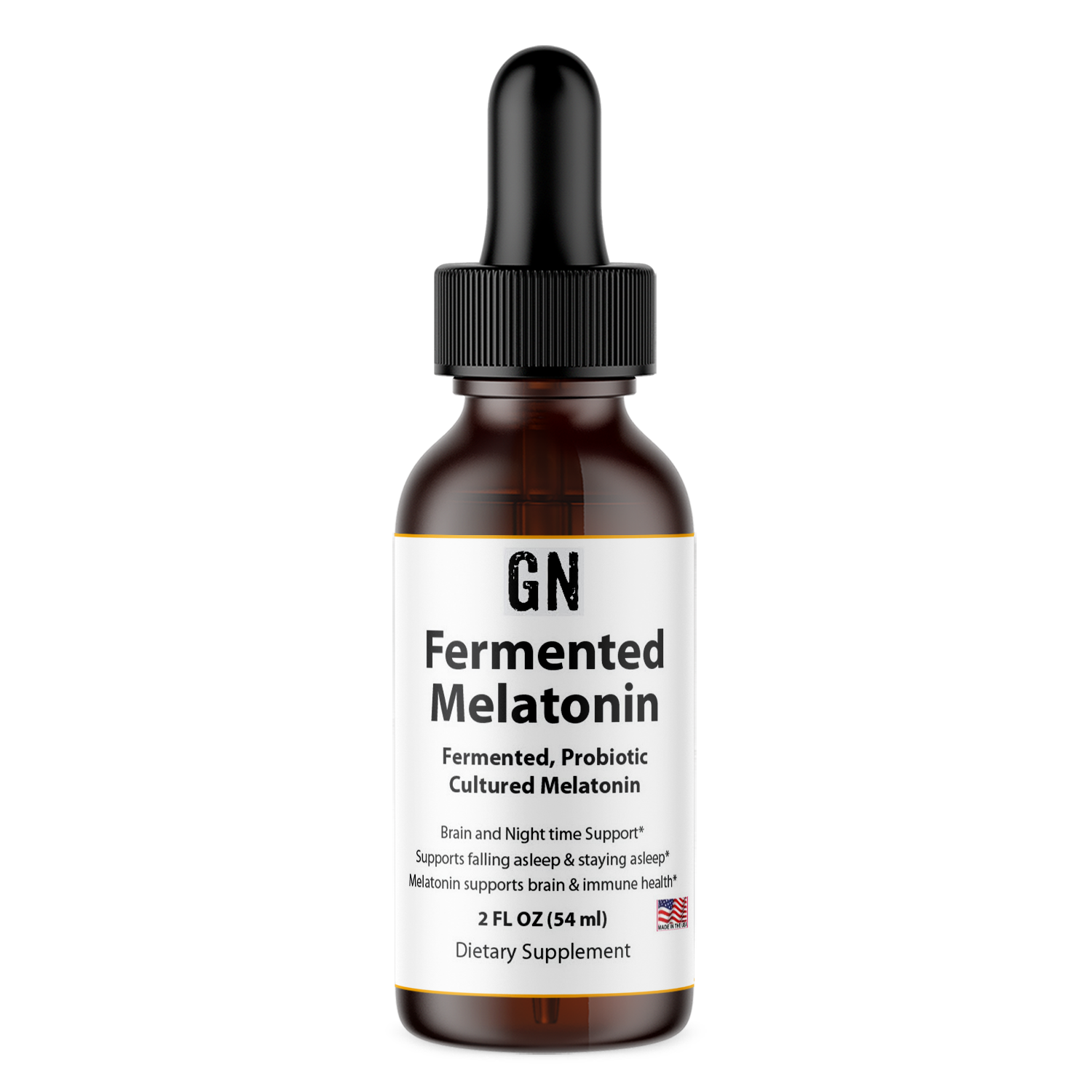 Bottle of GN Fermented Melatonin on a white background