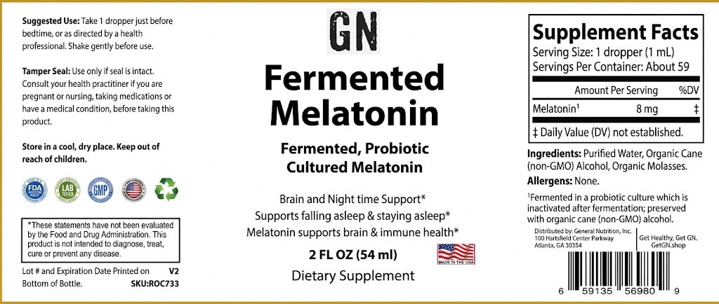 Supplement label for GN Fermented Melatonin with text and product details.