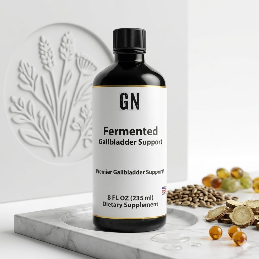Bottle of GN Fermented Gallbladder Support supplement on a marble surface with herbs and fruits.