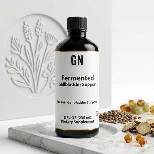 Bottle of GN Fermented Gallbladder Support supplement on a marble surface with herbs and fruits.