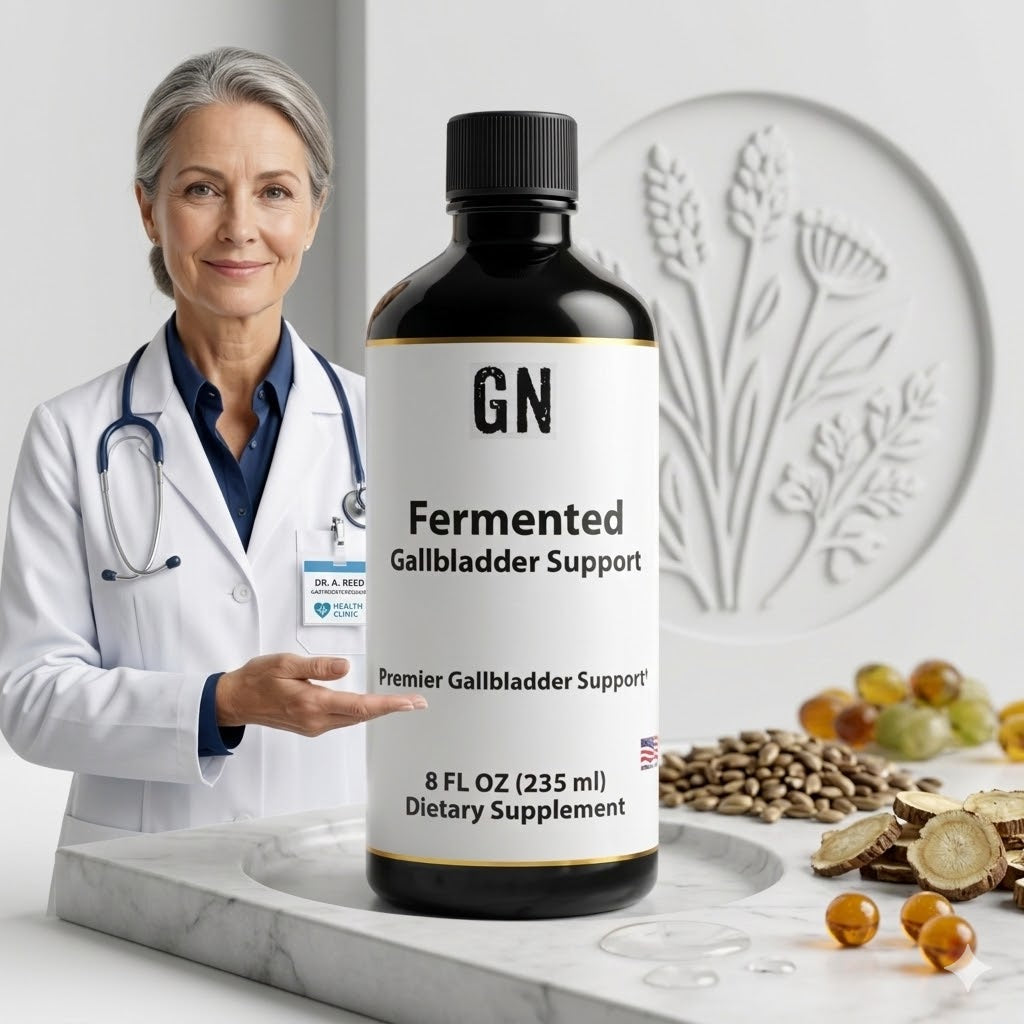 Bottle of GN Fermented Gallbladder Support supplement with a doctor in the background