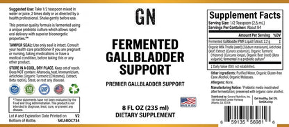 Supplement label for 'Fermented Gallbladder Support' dietary supplement with text and logos.