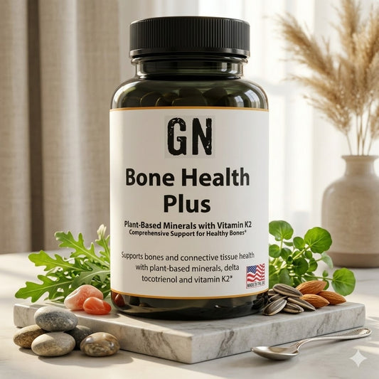Bottle of 'Bone Health Plus' supplement with a neutral background