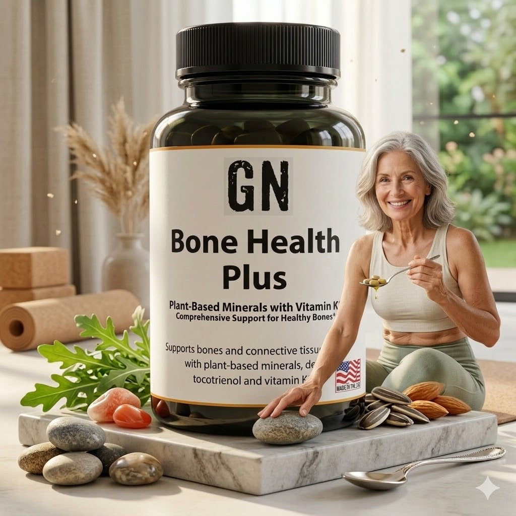 Supplement bottle labeled 'GN Bone Health Plus' with a woman holding a spoon near a window.