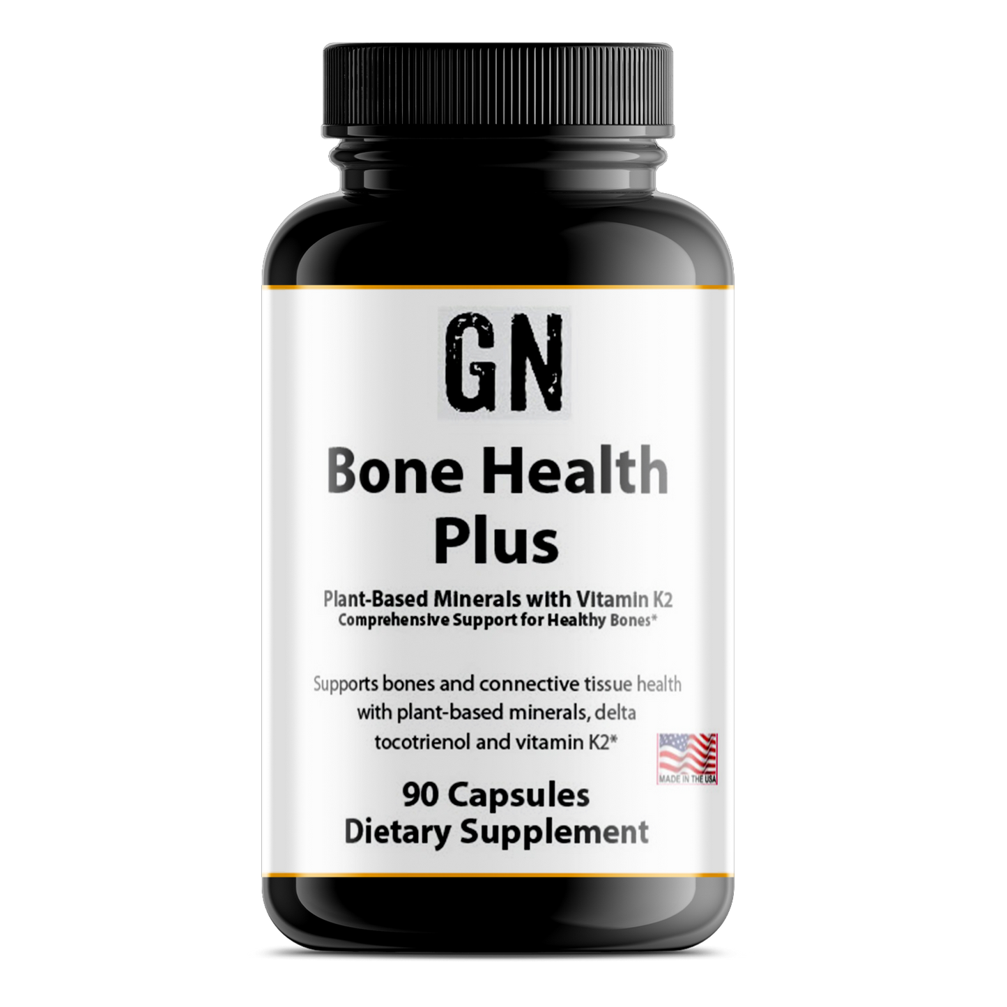 Supplement bottle labeled 'GN Bone Health Plus' on a white background