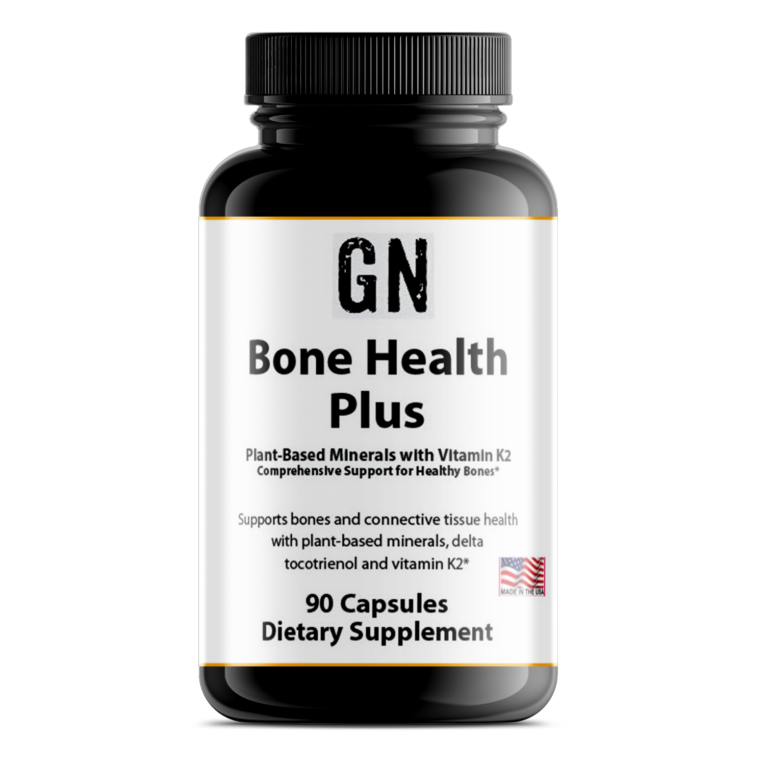 Supplement bottle labeled 'GN Bone Health Plus' on a white background