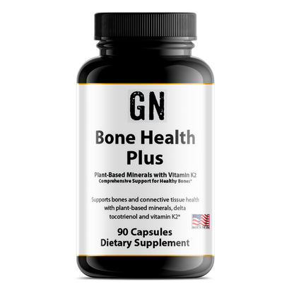 Supplement bottle labeled 'GN Bone Health Plus' on a white background