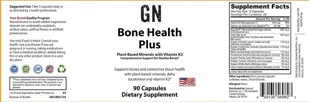 Supplement label for GN Bone Health Plus with text and logos.