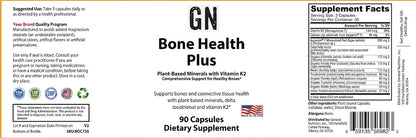 Supplement label for GN Bone Health Plus with text and logos.