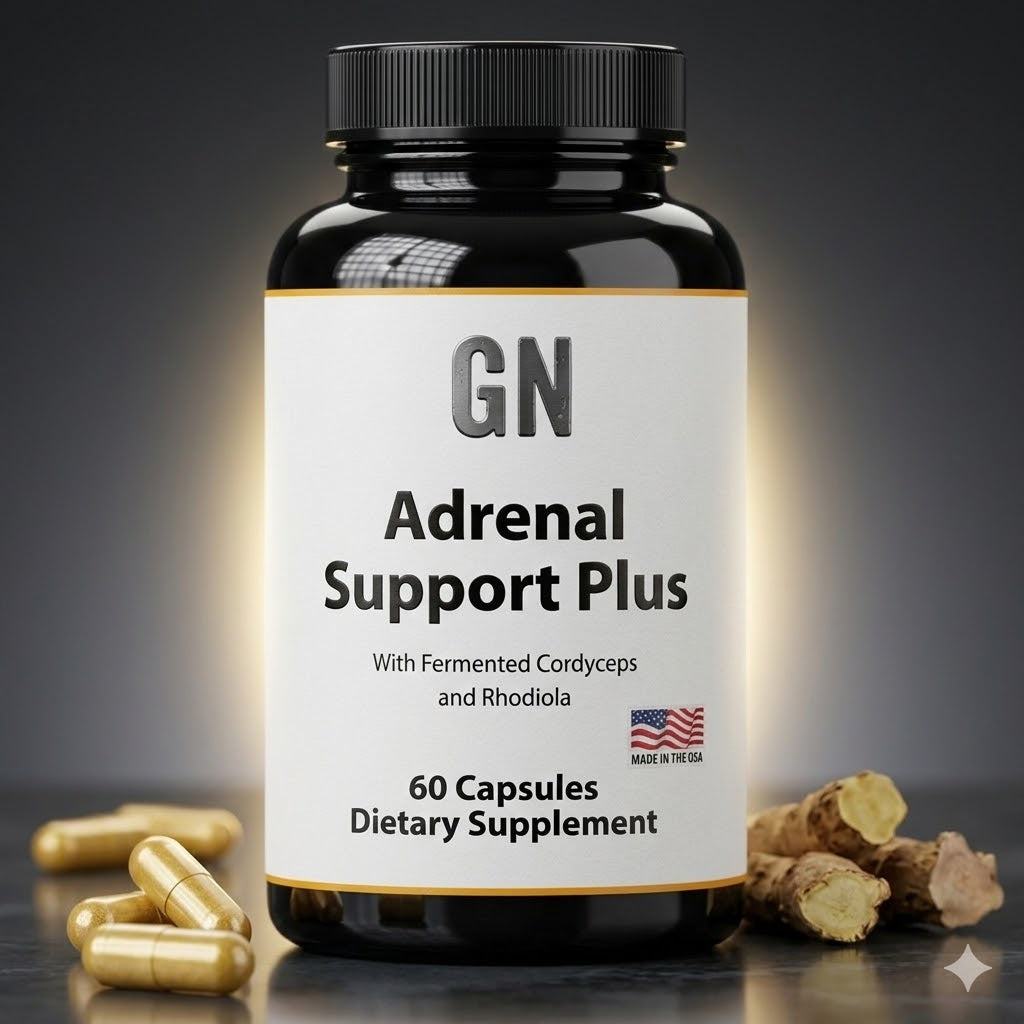 Supplement bottle labeled 'Adrenal Support Plus' with capsules and ginger on a dark background