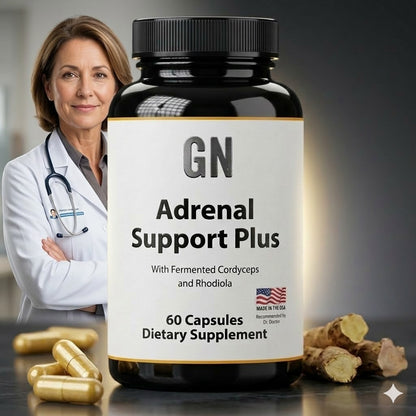Supplement bottle labeled 'Adrenal Support Plus' with a doctor in the background