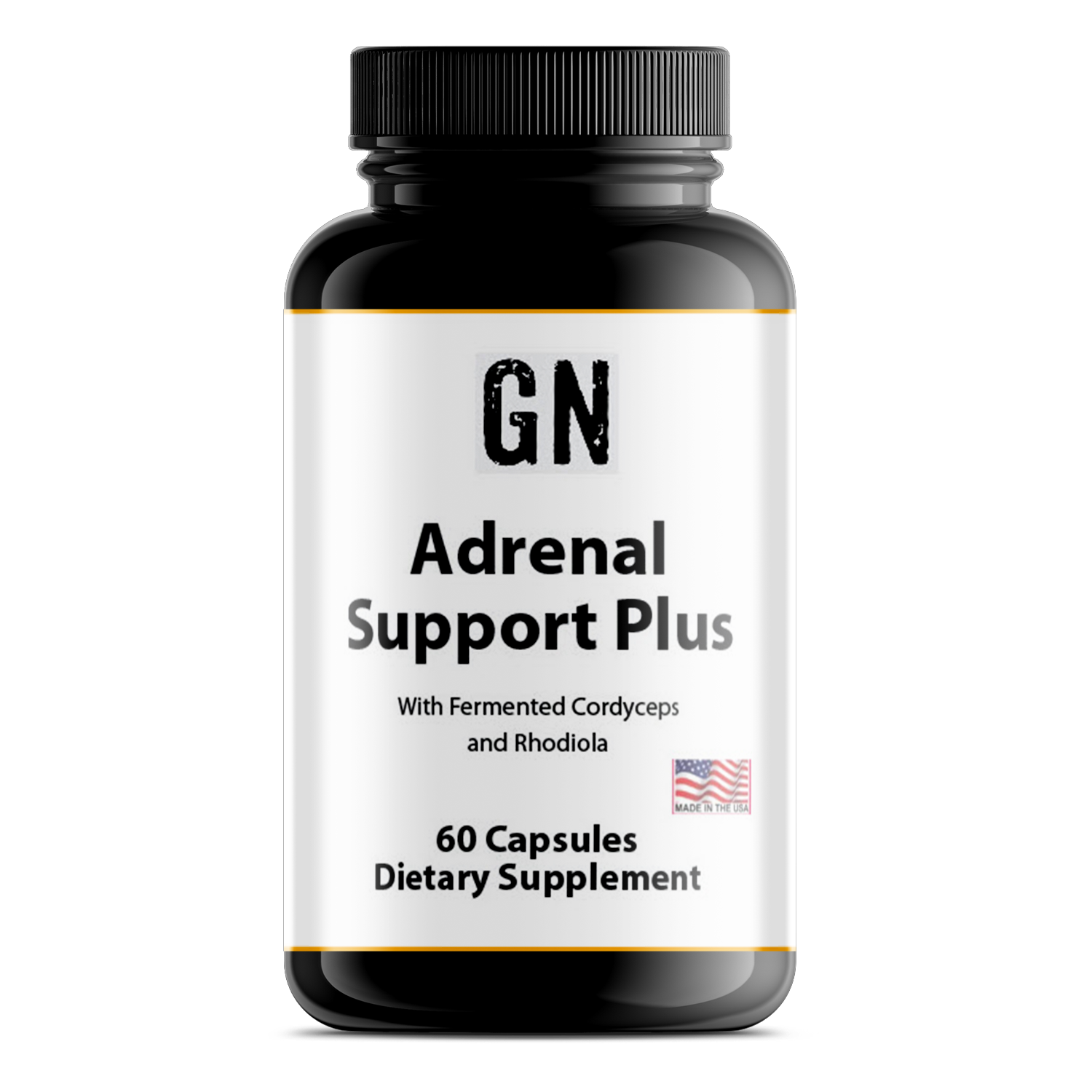 Supplement bottle labeled 'Adrenal Support Plus' with 'GN' branding on a white background
