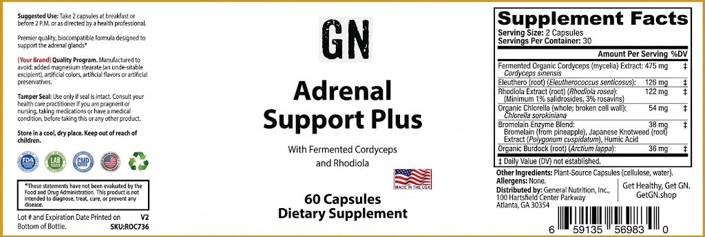 Supplement label for Adrenal Support Plus with various ingredients listed.
