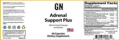 Supplement label for Adrenal Support Plus with various ingredients listed.