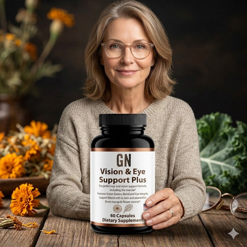 Woman holding a bottle of GN Vision & Eye Support Plus supplement with a rustic background.