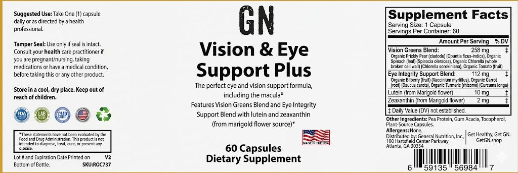 Supplement label for Vision & Eye Support Plus with supplement facts and ingredients listed.