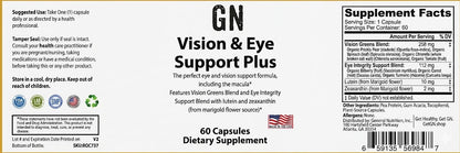 Supplement label for Vision & Eye Support Plus with supplement facts and ingredients listed.