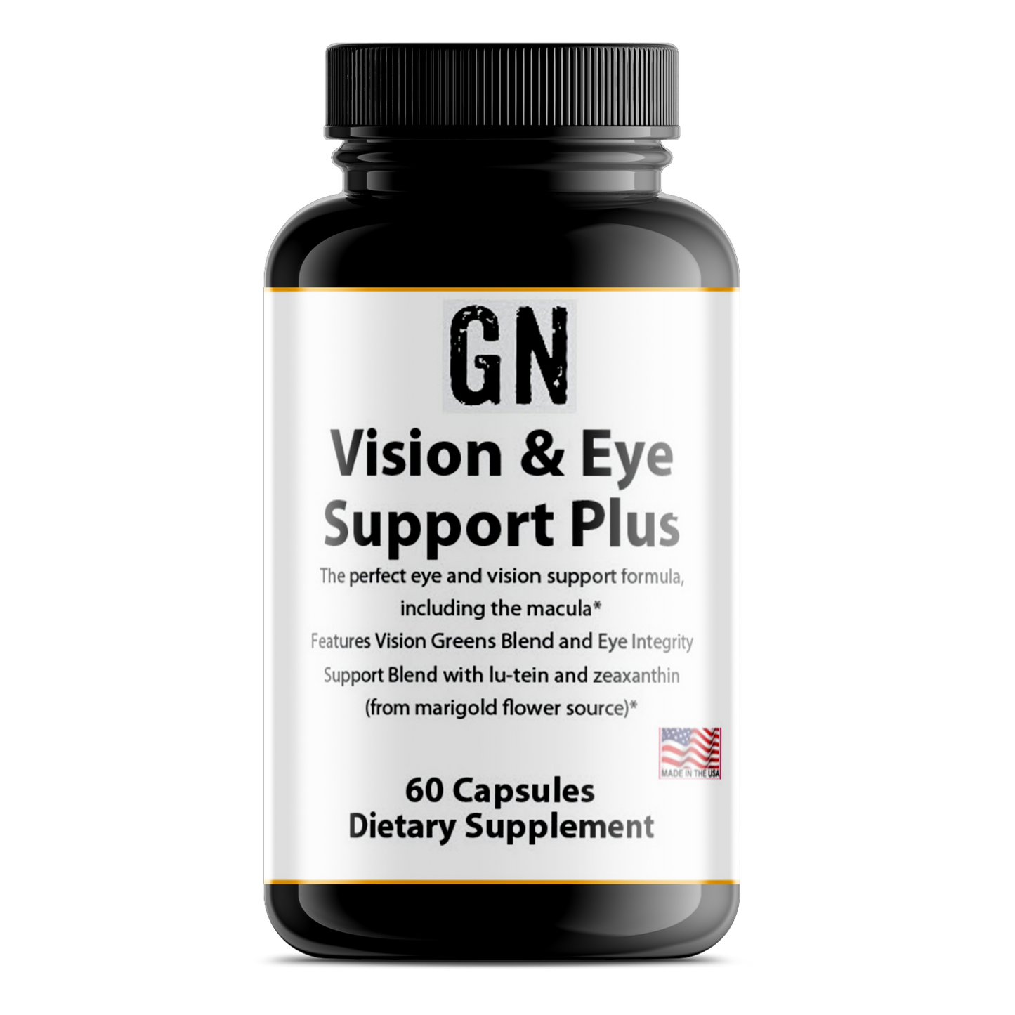 Supplement bottle labeled 'GN Vision & Eye Support Plus' on a white background