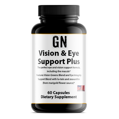 Supplement bottle labeled 'GN Vision & Eye Support Plus' on a white background