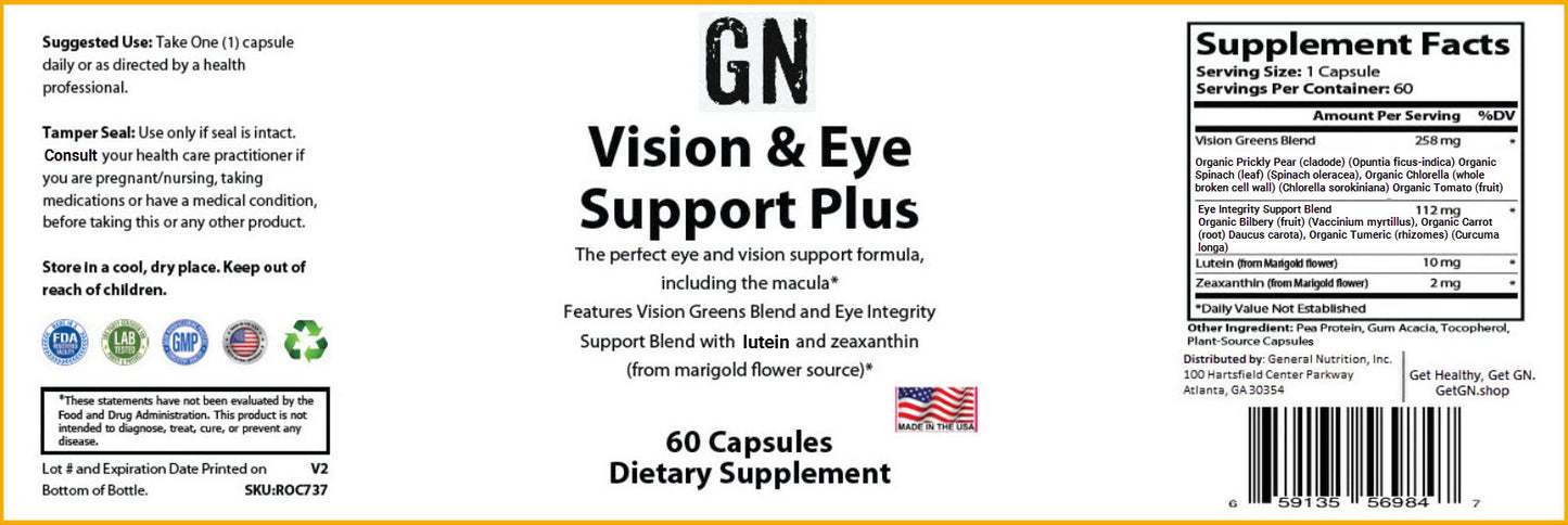 Supplement label for GN Vision & Eye Support Plus with supplement facts and ingredients listed.