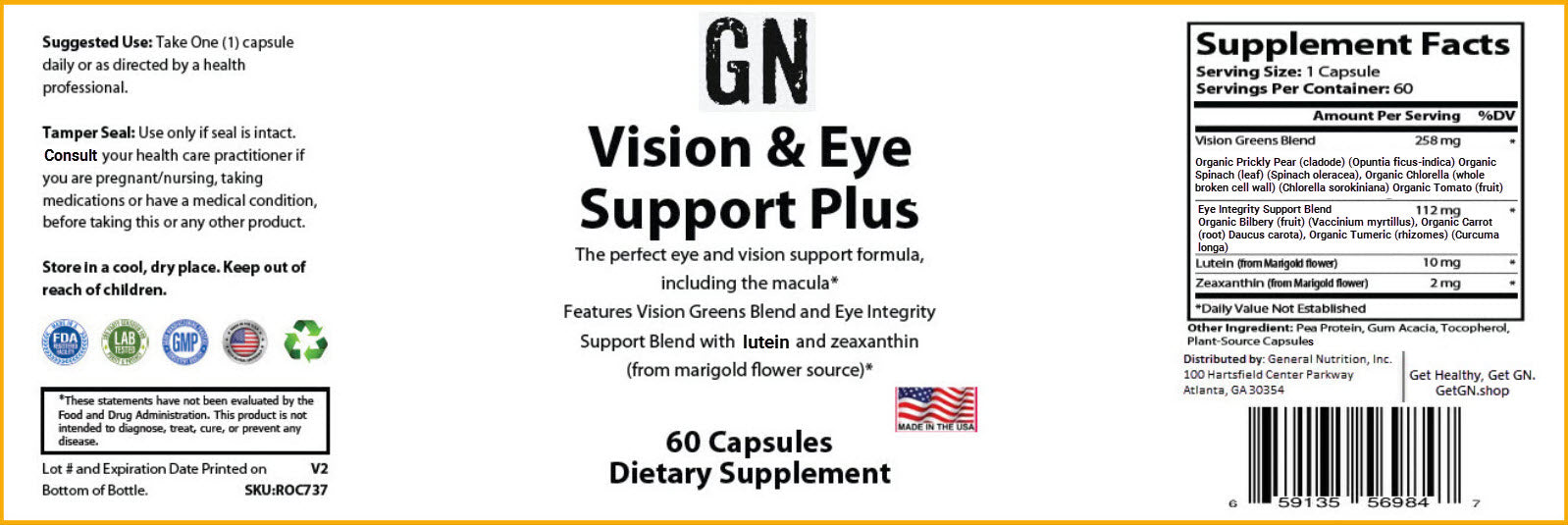 Supplement label for GN Vision & Eye Support Plus with supplement facts and ingredients listed.