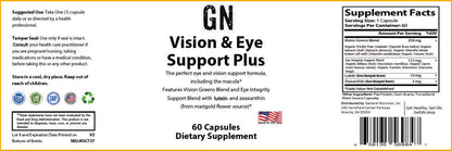 Supplement label for GN Vision & Eye Support Plus with supplement facts and ingredients listed.