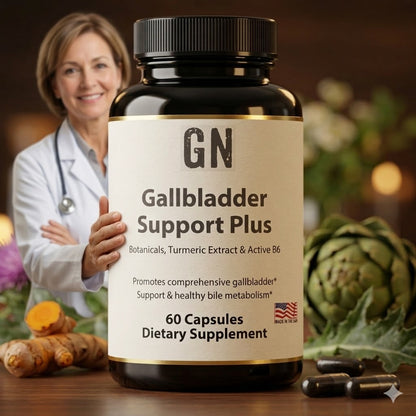 Supplement bottle labeled 'Gallbladder Support Plus' held by a person with a blurred background