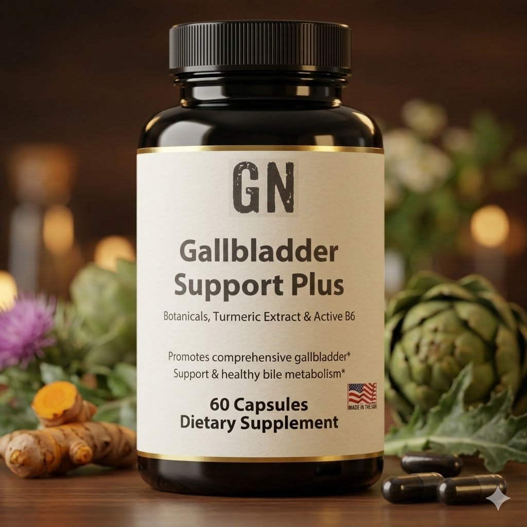 Supplement bottle labeled 'Gallbladder Support Plus' with botanicals and active B6 on a wooden surface.