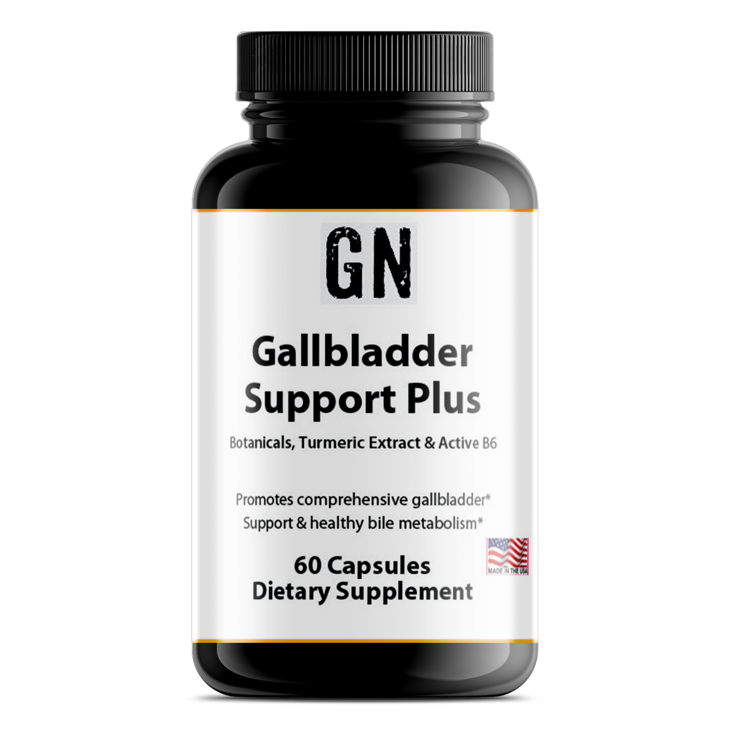 Supplement bottle labeled 'Gallbladder Support Plus' with black and white design on a white background
