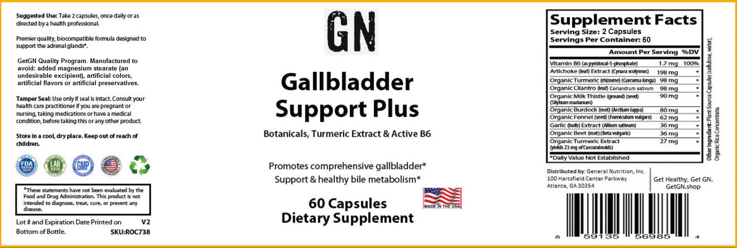 Supplement label for Gallbladder Support Plus with botanicals, turmeric extract, and active B6.
