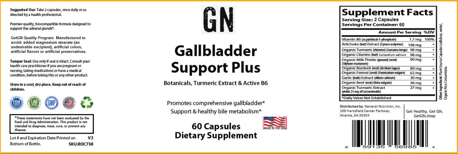 Supplement label for Gallbladder Support Plus with botanicals, turmeric extract, and active B6.