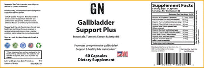 Supplement label for Gallbladder Support Plus with botanicals, turmeric extract, and active B6.