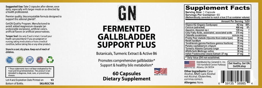 Supplement label for 'GN Fermented Gallbladder Support Plus' with text and nutritional information.